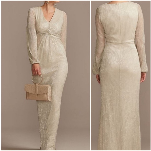 Adrianna Papell Dresses & Skirts - Adrianna Papell Champagne Balloon Sleeve Crinkle Metallic Maxi Dress
